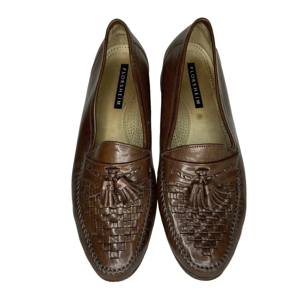 Florsheim Woven Tassel Leather Loafers 10.5 Brown Dress Shoes Career 30153